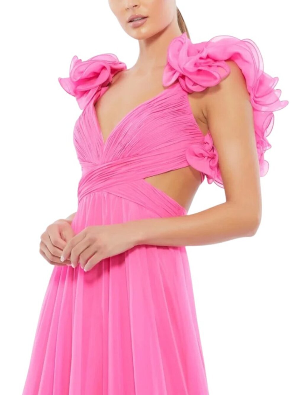 Mac Duggal Ruffle Tiered Cut-Out Chiffon Gown Womens 4 Hot Pink Formal 67911 NWT - Picture 2 of 16